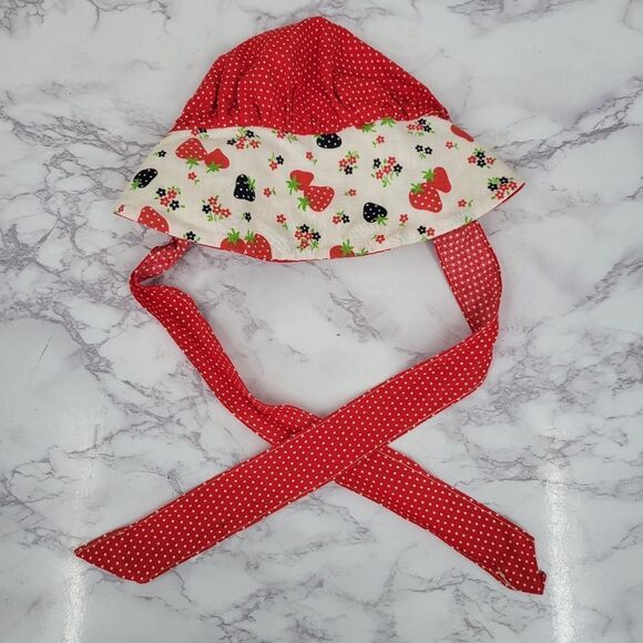 Vintage Bonnet Red and White Polka Dot Strawberry Kids Sun Hat Bicentennial - Picture 9 of 12